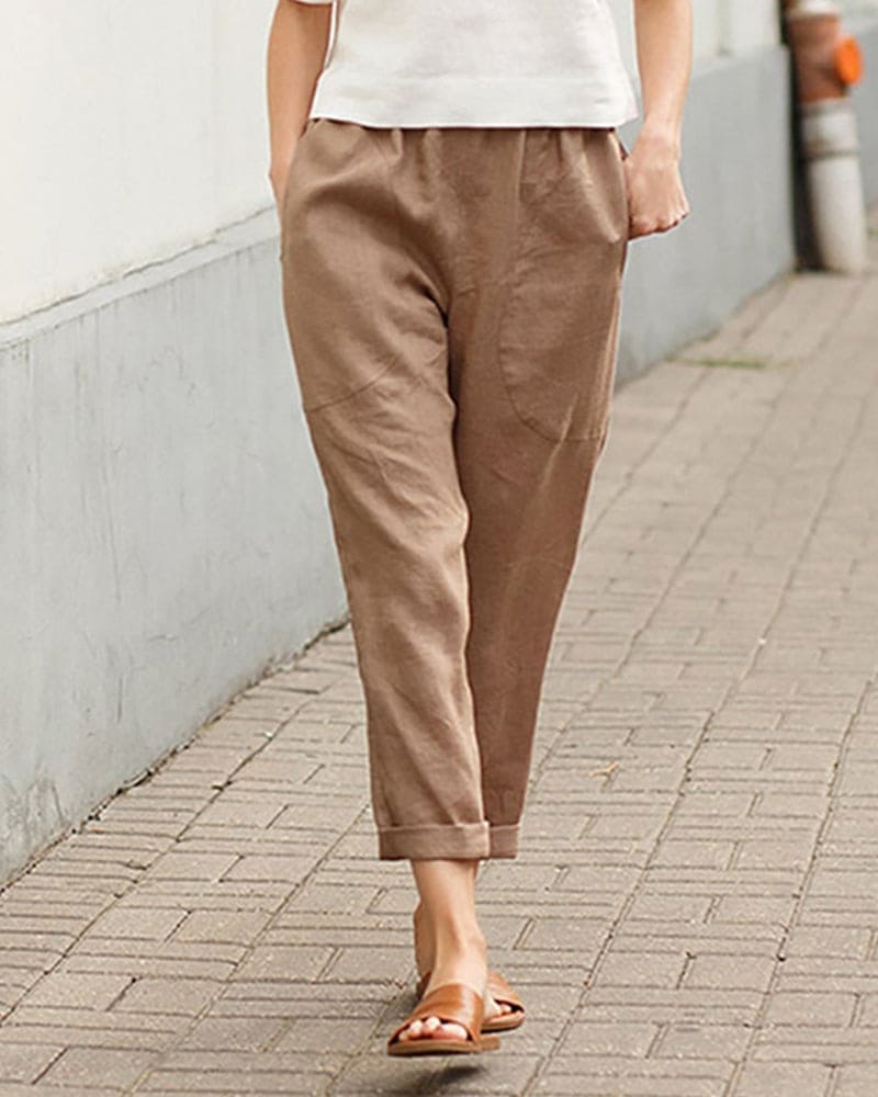 Sage Relaxed Cropped Pants with Elastic Waist and Cuffed Hem