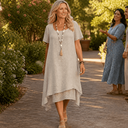 Layered Double-Hem A-Line Cotton Linen Summer Midi Dress for Women with Short Sleeves
