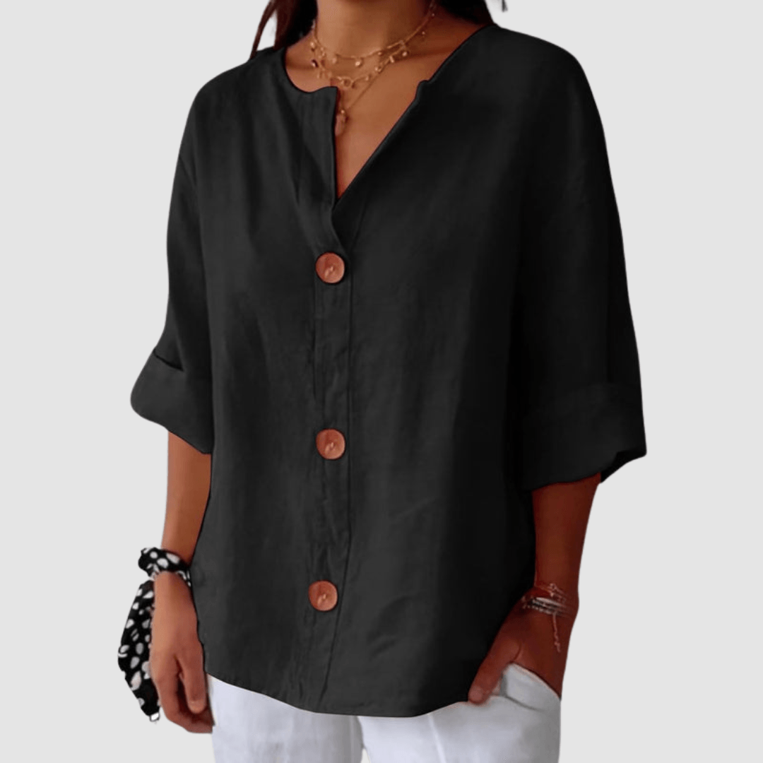 Leah Casual Linen Blouse with V-Neck Button Front and Rolled Sleeves