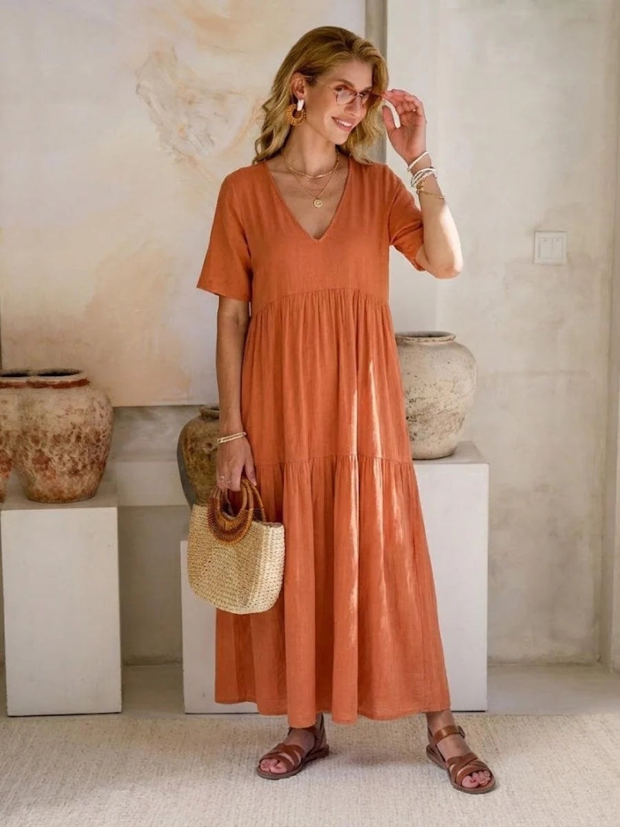 Women's Tiered Ruffle V-Neck Midi Dress with Short Sleeves in Polyester