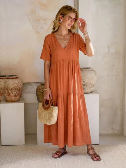 Women's Tiered Ruffle V-Neck Midi Dress with Short Sleeves in Polyester