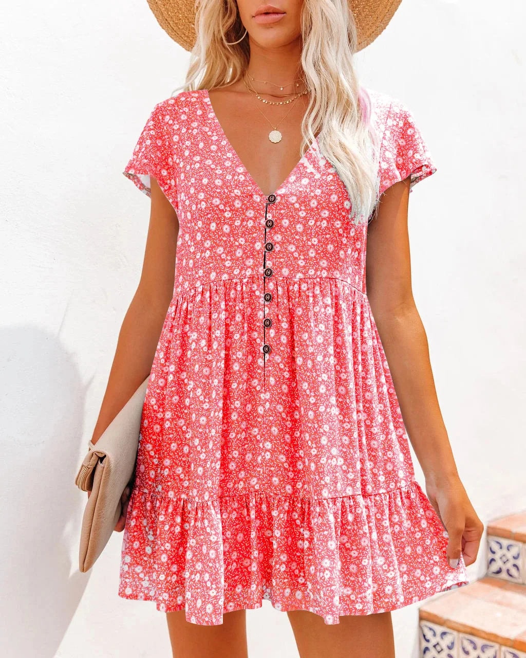 Floral V-Neck Button Front Summer Dress with Tiered Ruffle Hem