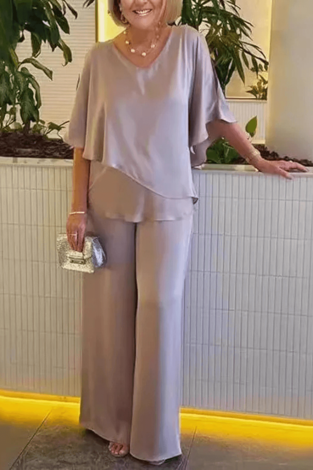 Hannah Sullivan Flowy Chiffon Blouse and Wide-Leg Pants Co-ord Set