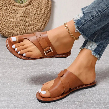 Comfortable Orthopedic Slide Sandals with Flat Sole and Adjustable Buckle Strap