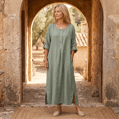 Women's Linen Summer Midi Dress with Roll-Up Sleeves and Side Pockets