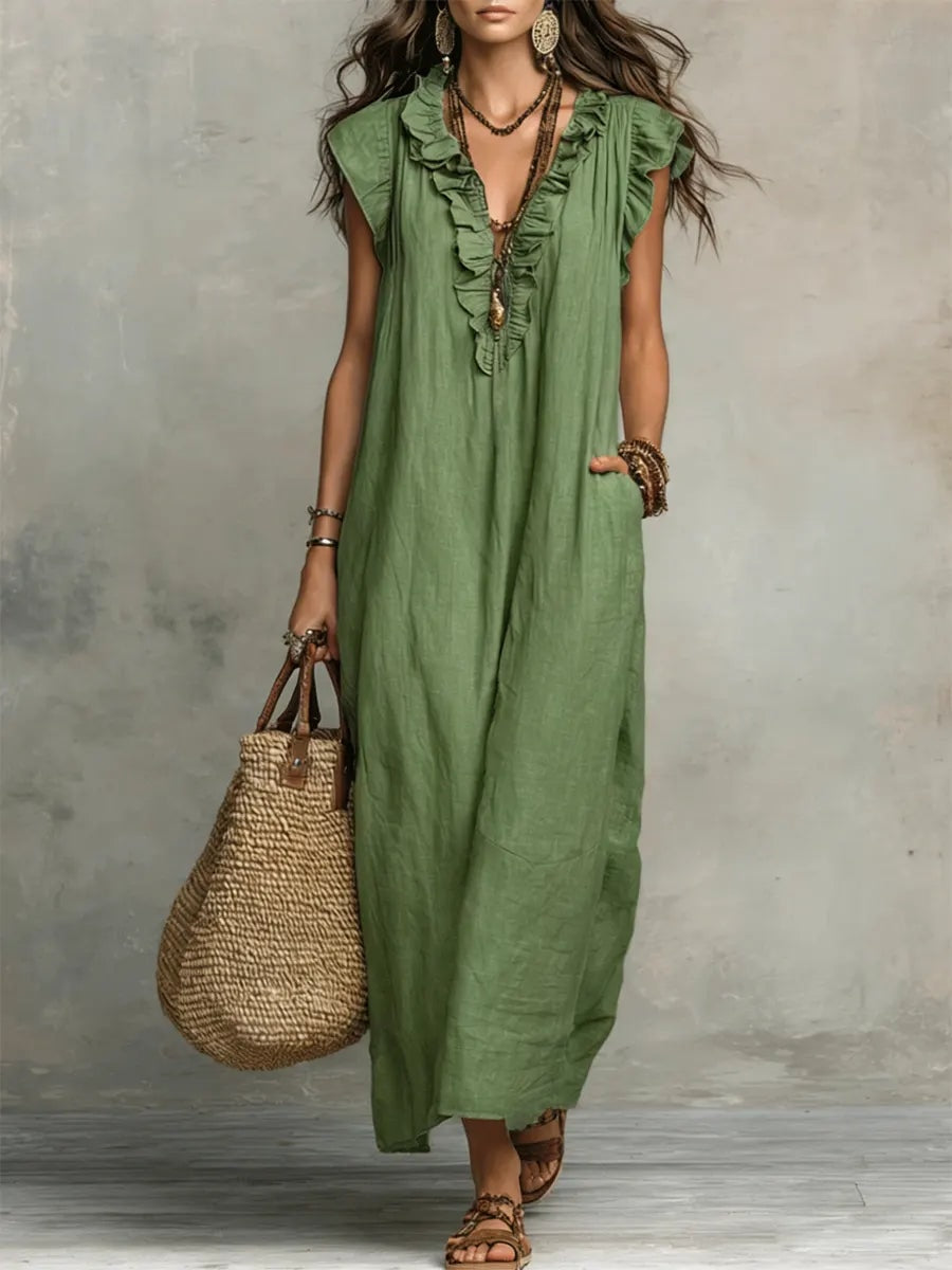 Caldora Maxi Dress in Summer Linen with Ruffle V-Neck and Side Pockets