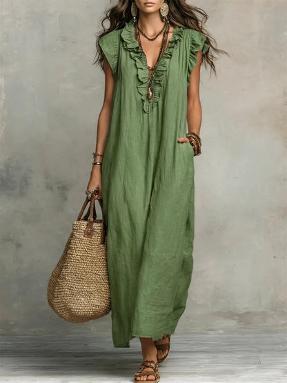 Caldora Maxi Dress in Summer Linen with Ruffle V-Neck and Side Pockets