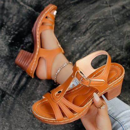 Bianca Buckle Strap Block Heel Wedge Sandals with Cutout Detail