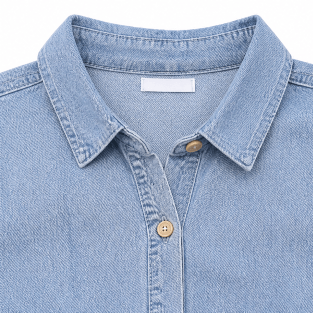 Women's Denim Shirt-Collar A-Line Midi Dress with Front Pockets