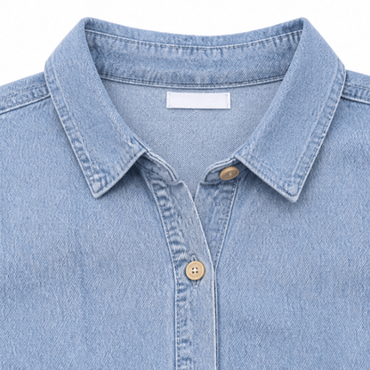 Women's Denim Shirt-Collar A-Line Midi Dress with Front Pockets