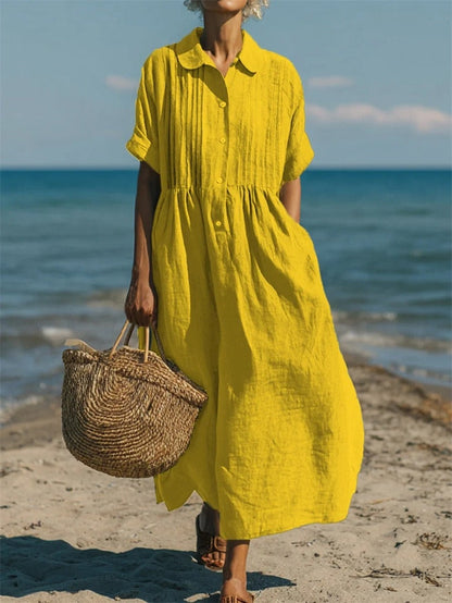 Harper Sutton Pintuck Linen Collared Midi Shirt Dress for Women