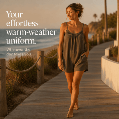 Backdrift Loose Linen-Look Playsuit with Scooped Tie Back and Side Pockets