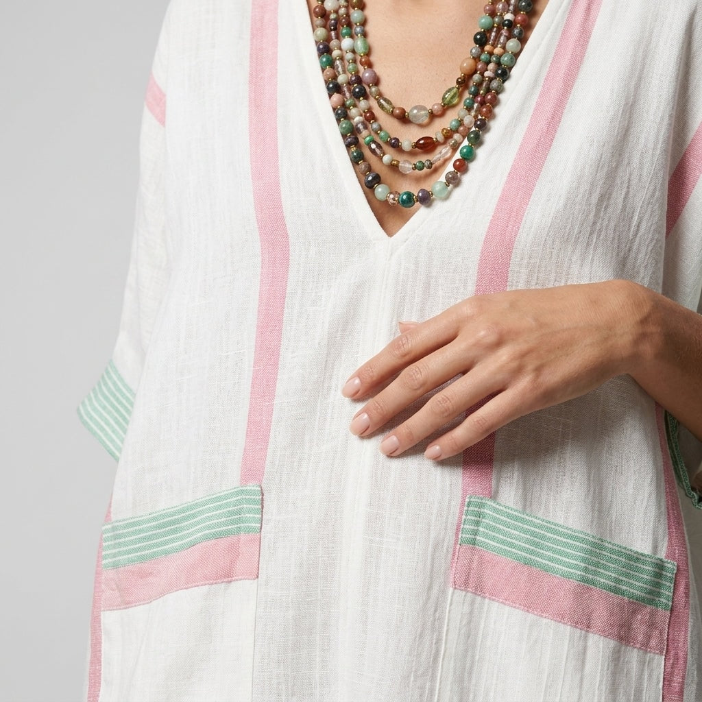 Calveth Relaxed Striped Linen Summer Maxi Dress with Patch Pockets
