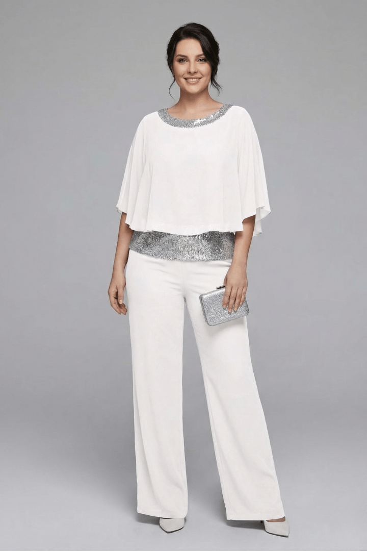Women's Matching Two-Piece Set with Sequin Chiffon Cape Top and Wide-Leg Pants