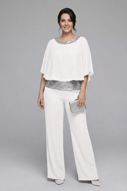 Women's Matching Two-Piece Set with Sequin Chiffon Cape Top and Wide-Leg Pants