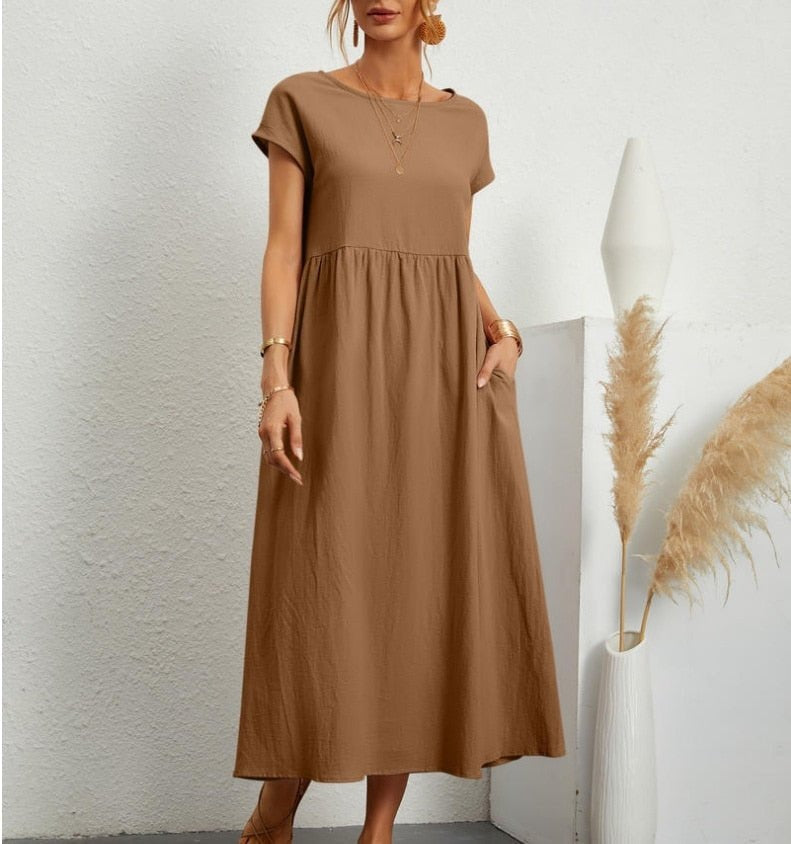 Cotton Blend Women's Midi Dress with Pockets and Cap Sleeves